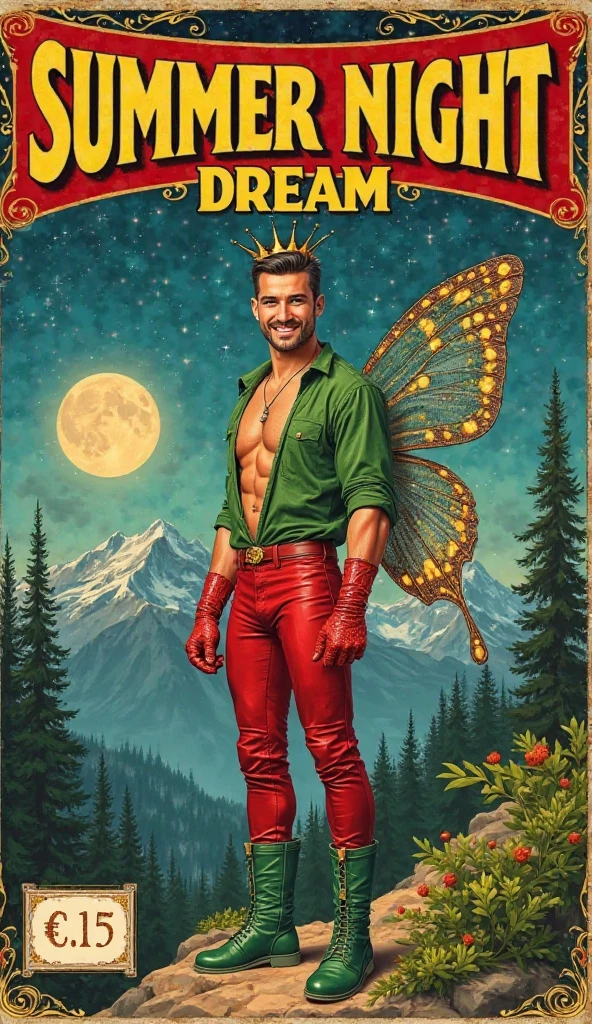 (((masterpiece, high quality, 1940s magazine cover style, text in yellow capital letters with red border "SUMMER NIGHT DREAM".
Background: starry sky, full moon, high mountains with snowy peaks, coniferous forests on mountain slopes.
Right: Oak forest, small colored lights flying over bushes, (((1: Italian man (Andrea Bruno, aka Super Luminoso), front view, standing, smiling, attractive, very handsome, (23 years old), bright green eyes, muscular body, tanned, light brown skin (short straight dark hair well kept and oiled combed to the left, dark well kept and trimmed moustache), king's crown on head, butterfly antennae coming out of forehead, smiling, looking at camera, shaved, very broad shoulders, (long green blouse with lots of sparkles with long collar and long cuffs), broad chest, red leather gloves, very tight red pants with sparkles,  green leather boots, huge transparent butterfly wings spread out on the back))). white box on the bottom left with text "€ 2.15".
Gold Art Nouveau border.