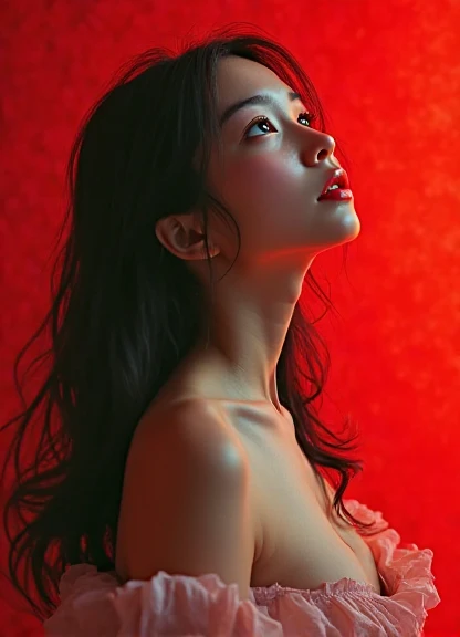 A beautiful 20-year-old Thai shemale with heavenly  big 8 inches dick,with a condom on a semen inside it fully taking a full-body naked shot form side angle. The studio lighting is colorful and sharp at 8k.