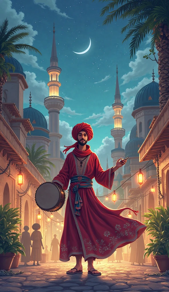 (pixel art_1.1)1boy, backside capture,traveling, Islamic old cty, wearing Panjabi and Islamic mask