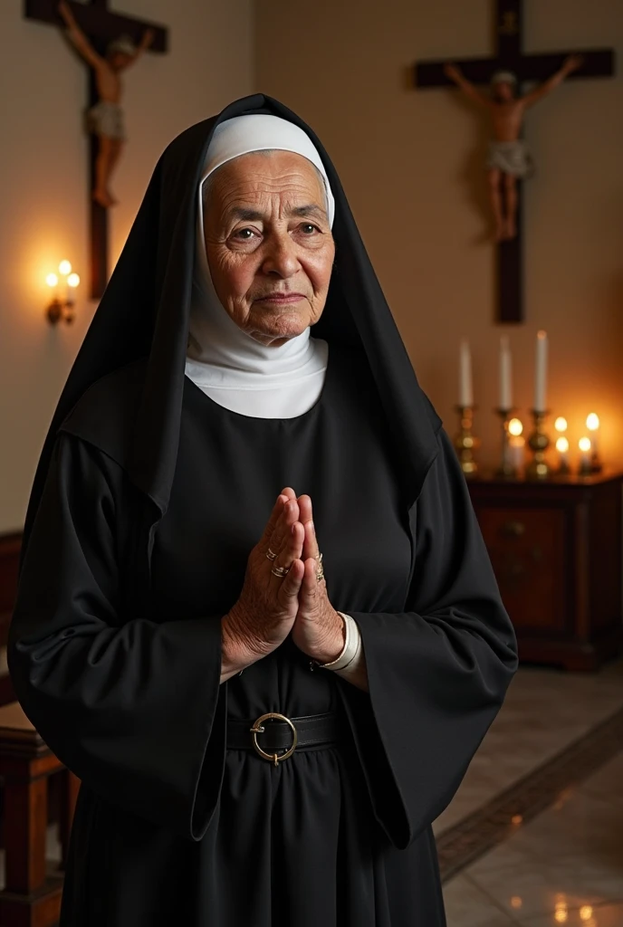 (masterpiece:1.4),(60-year-old woman:1.5),(Facial wrinkles : 1.2), gentle smile, long hair, (dressed as a catholic nun), (black and white clothes), detailed backgrounds, church, divine atmosphere