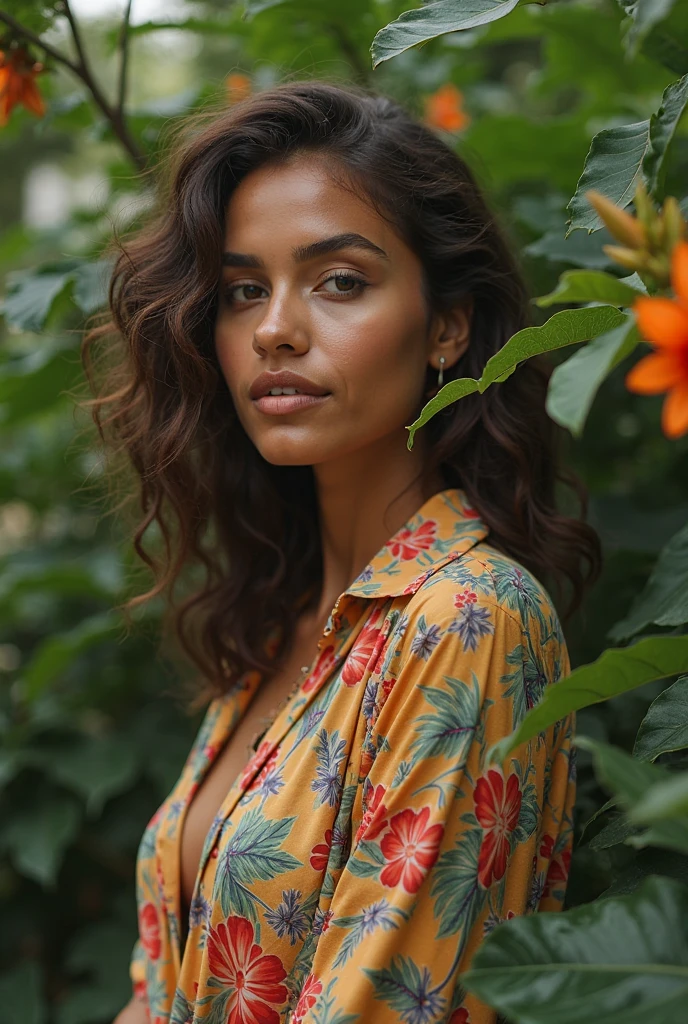 A Brazilian woman in a lush tropical garden, wearing an open shirt with a floral print, with a close-up capturing the harmonious beauty between her breasts and the natural flowers, showing off your natural charm and outgoing personality.