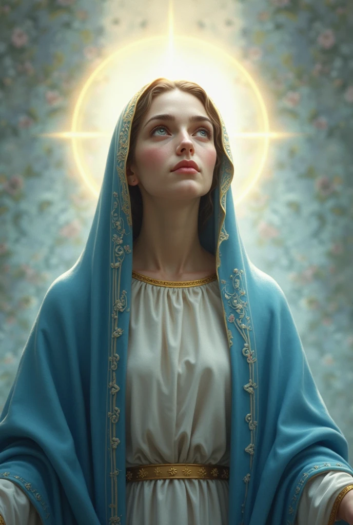 Staring at the camera with moist eyes、A beautiful Virgin Mary with a loving expression, whole body, Halo, Reddish beige tunic, Blue cloak and veil