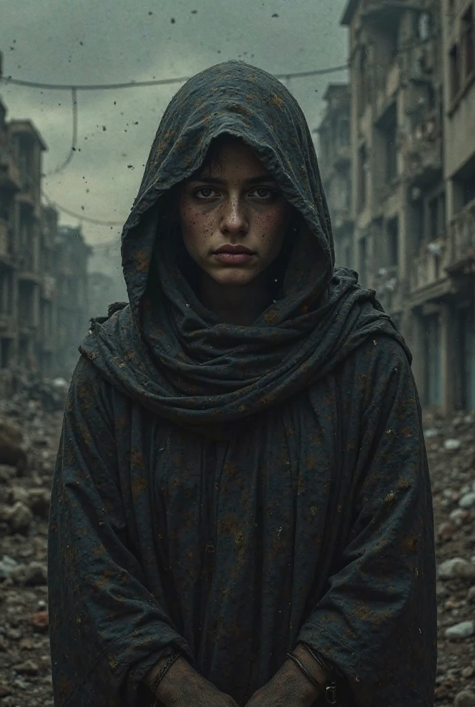 The portrait of a woman in 'Dreamy Dystopia', shrouded against a dusky landscape of smoky quartz desolate ruins, a striking presence standing resilient and full of hope