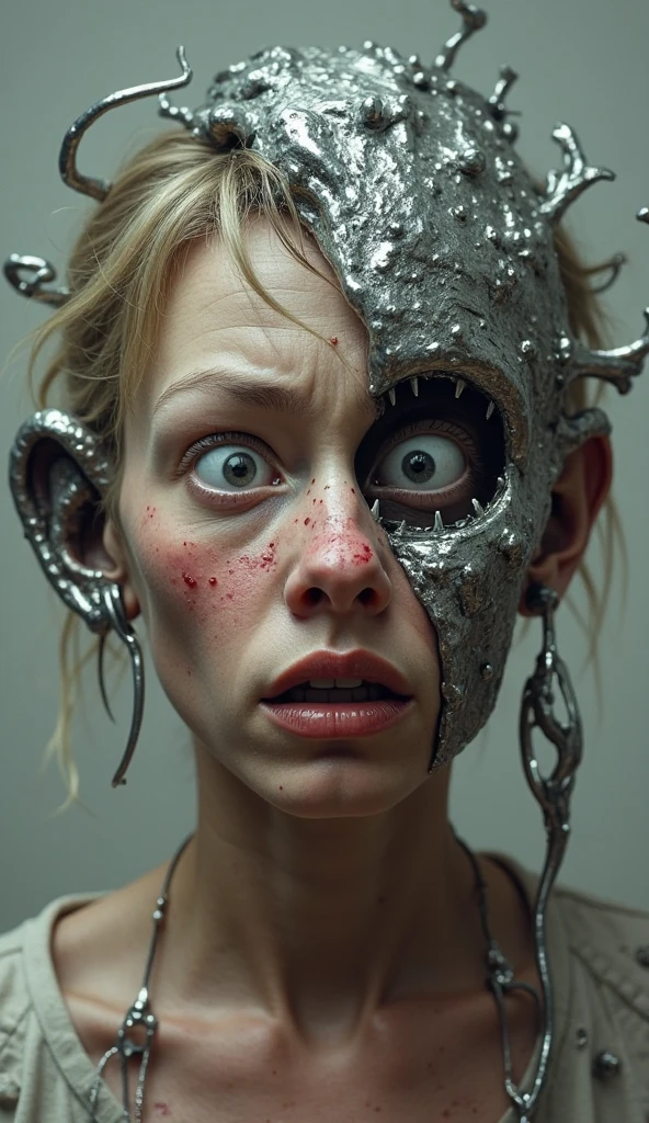 a mutant human, with two heads and three eyes, two eyes on the right head, and one eye on the left head, the mouth is above the eye on the left head