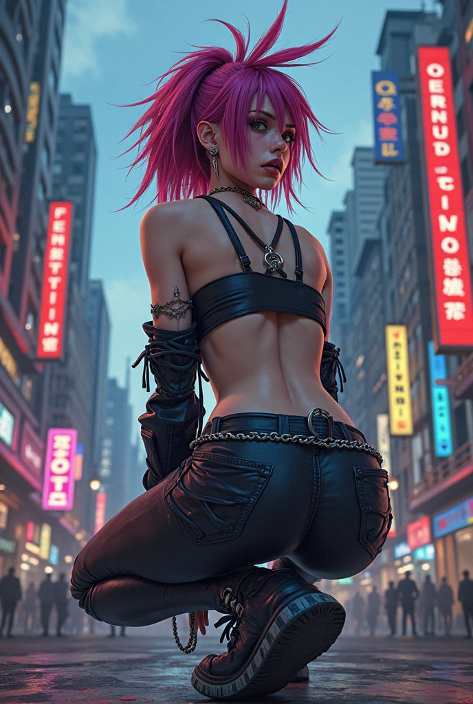 ((NSFW)), Beautiful nymph Korean actress Bae Doona as a naked female android slut, (cyberpunk city (at night:1.3)), half woman half cyborg, ((nudist)), ((mohawk long hair)), (Bae Doona realistic face:1.3), (beautiful thin face:1.3), vicious eyes, pointy nose, sexy lips, strong figure, straight chest, open arms, raised forearms, ((big breast)), ((areola protruding)), ((errect-nipples)), slender body, six-pack abs, perfectly proportioned, bare waist, ((wearing slave collar)), ((thigh-high boots)), ((no bra)), ((no panty)), (very very visible pubic hair:1.3), (very very dense pubic hair:1.3), ((dynamic pose))
