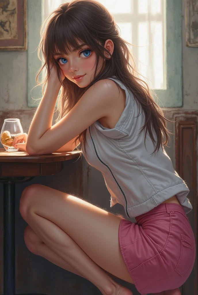 Anime style image，A woman sitting on a bar stool, , I will also draw the fan, Anime cute art style, Anime girl squatting, Beautiful anime girl squatting, [ 4k digital art ]!!, Smooth anime CG art,short, Casual posture, Actress 👀 :8, wear glasses