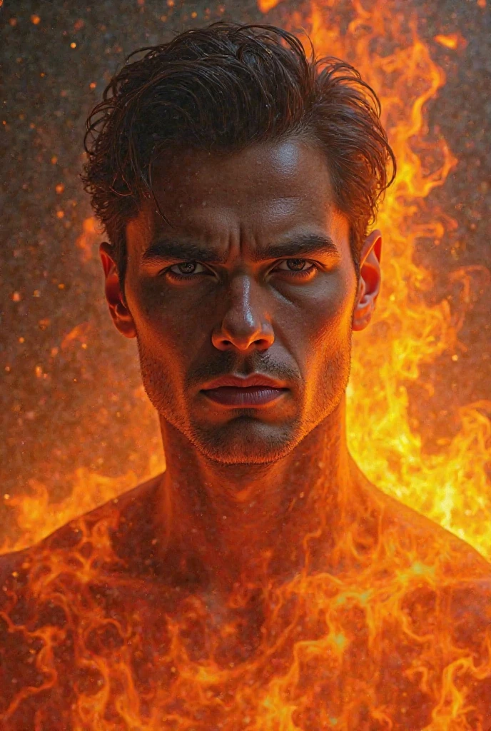 a fire 🔥 beats behind him.and his head on fire