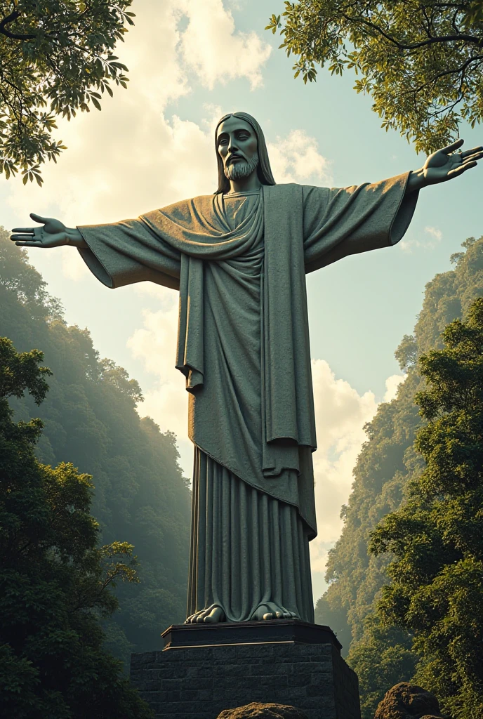 "Produce a digital image in 4K resolution that captures Christ the Redeemer in Rio de Janeiro with an extraordinary level of detail and realism. Pay special attention to architectural fidelity, capturing the nuances of the statue, incluindo os contornos detalhados da escultura, the textures of marble and the specific features of the face and hands. The lighting must reflect the unique atmosphere of Rio de Janeiro, with nuances of soft and warm light that highlight the characteristics of Christ the Redeemer. Considere integrar elementos naturais, like sky and surrounding vegetation, to add context and depth to the scene. The image style should be sophisticated and cinematic, providing an immersive visual experience that highlights the grandeur and iconic beauty of Christ the Redeemer. The goal is to create a digital representation that rivals the impressive real-life presence of this architectural marvel.."





