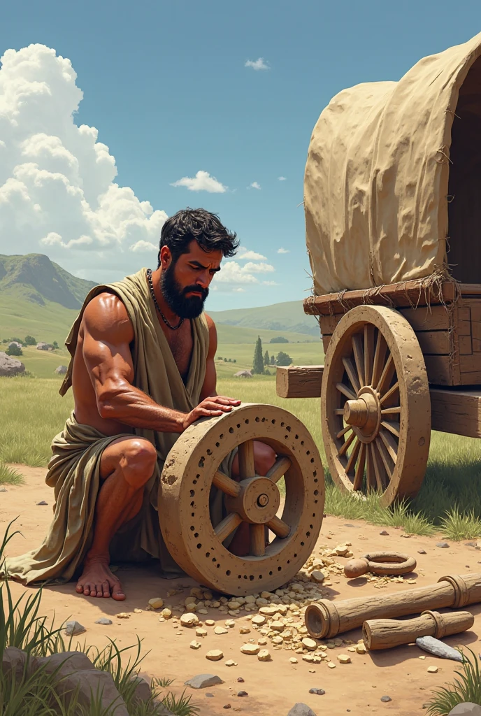 ((8k)), ((best qualityer)), ((work of art)), (detailded), On a steep hill, Samuel&#39;s cart wheel breaks, and he watches in despair as his pottery pieces fall to the floor and shatter into shards. The overturned cart is next door, and Samuel is kneeling on the floor, looking in disbelief at the scattered pieces. The sky is starting to cloud over, reflecting the drama of the situation. Disney Pixar 3D style captures the intensity of the moment, with expressions of shock and sadness on Samuel&#39;s face and the realistic details of the pottery shards on the floor.