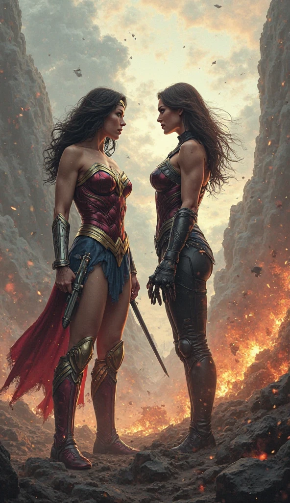 Battle royal between blue eyes and black hair Wonder Woman with ((silver gauntlet:1.2)), ((Red knee high boots:1.2)) and massive ((fat man in grey suits and bald head)). They are punching each other in the warehouse. Wounded all over. They are very sweaty. ((destroyed clothes:1.3)). Torn and tattered costumes and spats, ((clenched fist)). very delicate muscles. Looking at each others. bare shoulders, mature, sexy, elastic muscles, (muscles:1.2), ((strong and healthy body)), long legs, curves, (big breasts:1.2). ((wet with sweat)), concept art, realistic,