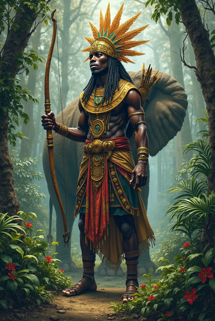 Oshosi Strong hunter dressed in blue and yellow ankle-length pants with African necklaces and with a bow and arrow with a hat made of bird feathers and a leopard cape and snail bracelets in a jungle
