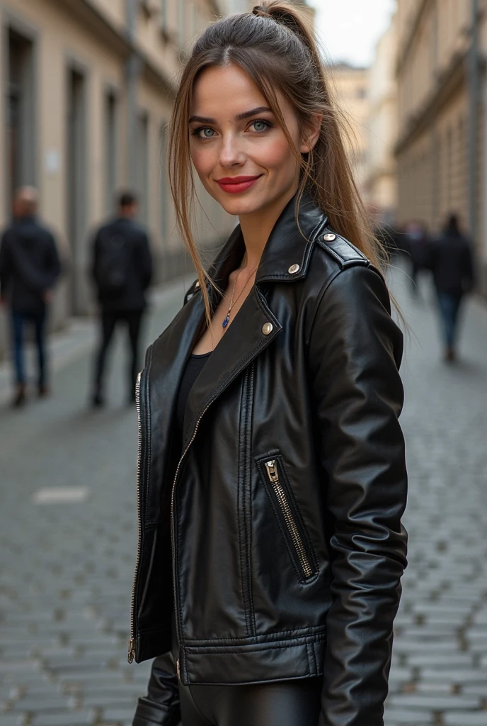 photo of a bald woman, buzzcut, beautiful, smiling, makeup, 30's, leather jacket, top,jeans, (freckles:0.8) strong face, in the streets, detailed eyes, blue eyes, posing