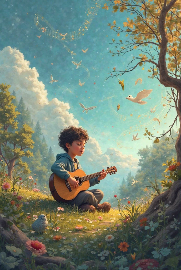 a little cute boy playing guitar in a very beautiful nature background