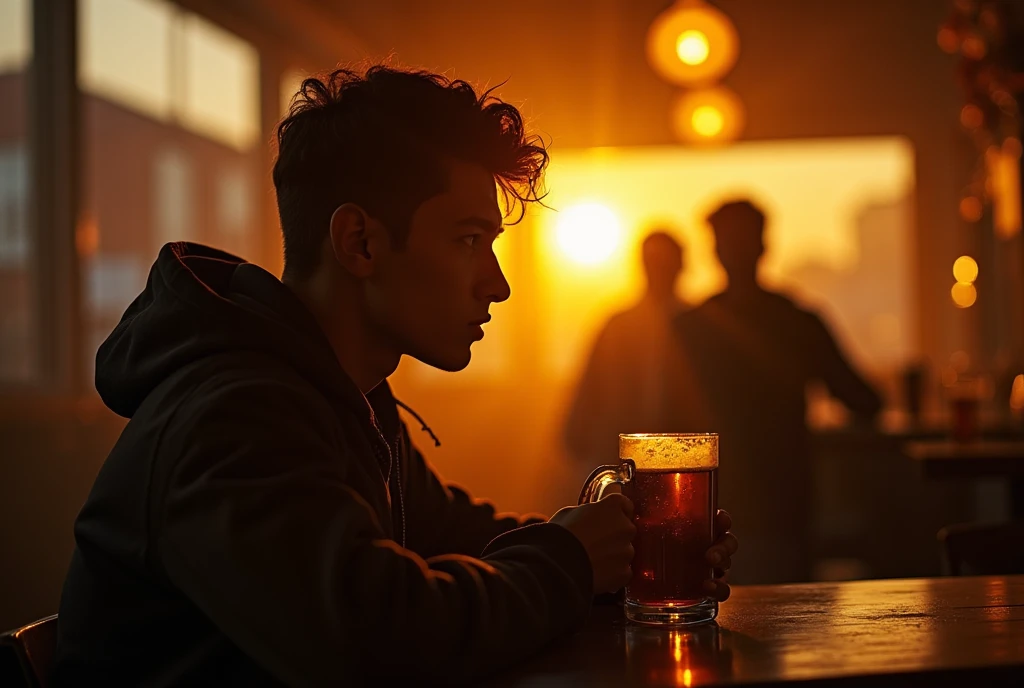 Crea una imagen con esta descripción "A stunning 3D render of a man, deep in thought, caught between the temptation of a cold, foamy beer and a passionate kiss with his lover. The artist has masterfully combined elements from anime, urban cityscape, and dark fantasy, creating a vivid nighttime scene. Neon lights illuminate graffiti-covered walls, and a mysterious figure lurks in the shadows. The portrait showcases a fusion of painting, illustration, fashion, and photographic styles, resulting in a conceptual and visually captivating masterpiece.