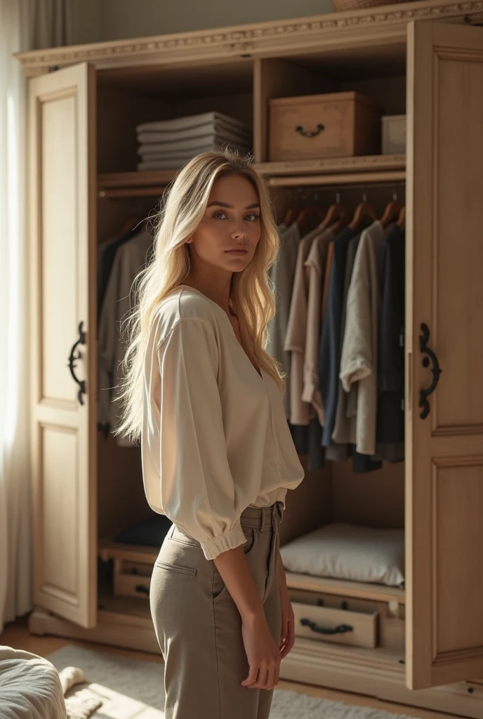 (masterpiece, best quality:1.5), highest quality, High resolution, super detailed, Realists, Full body photo of a young European blonde, detailed and beautiful brown eyes, very detailed eyes and face, longeyelashes, the young woman wears a long tank top with thin straps made of shiny satin and long tight pants, beautiful natural makeup, elegant and noble々Pose, Gardens as background, soft daylight, bright colors, fine brushstrokes, shiny fabric for clothing, beautiful color palette, glowing skin, First-class rendering, that captures every detail, enchanting atmosphere, subtle shadows and lights, (perfect anatomy:1.2), (The stunning young woman stands in a clothing store and is excited about the selection, She leafs through the clothes, (magnificent panorama view:1.2)