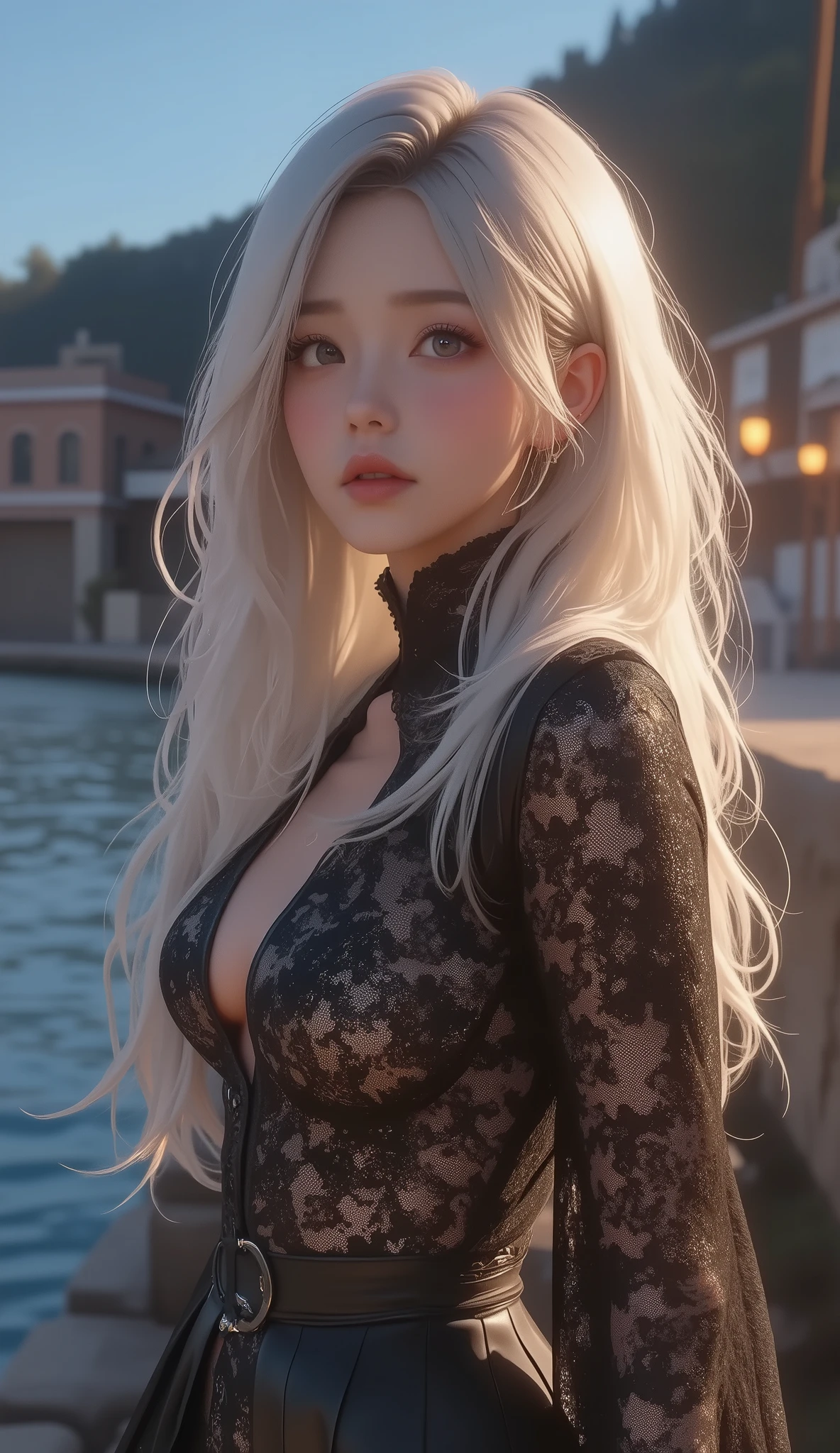 nsfw, Digital Portraits, A realistic depiction of the human body, RAW photo, one girl, Gentle grey eyes, plump lips, Fatigue, Big, Firm, Swaying Bust, long white hair, (((elegant black lace-like a-line dress, dense artistic lace black a-line dress, Beautiful Dress , Super Luxury Dress)))、Highest quality, super resolution, masterpiece:1.5, Clean line in the middle of depth of field, 50mmlens, Cinematic Lighting, backlight, Professional Photographer, Sea side, evening