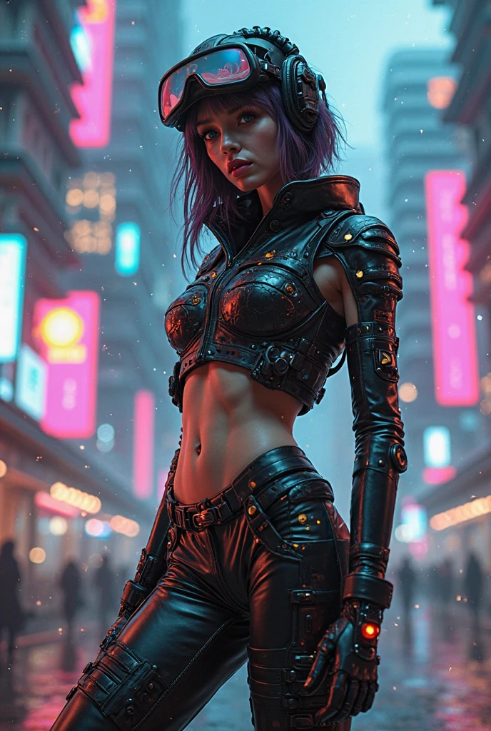 beautiful woman:1.2),(Dyed hair:1.2),(Leather clothes and sexy poses:1.3),(naughty poses), (long breasts:1.1),( cyberpunk style:1.3),(realisti:1.1),(detailed:1.1)