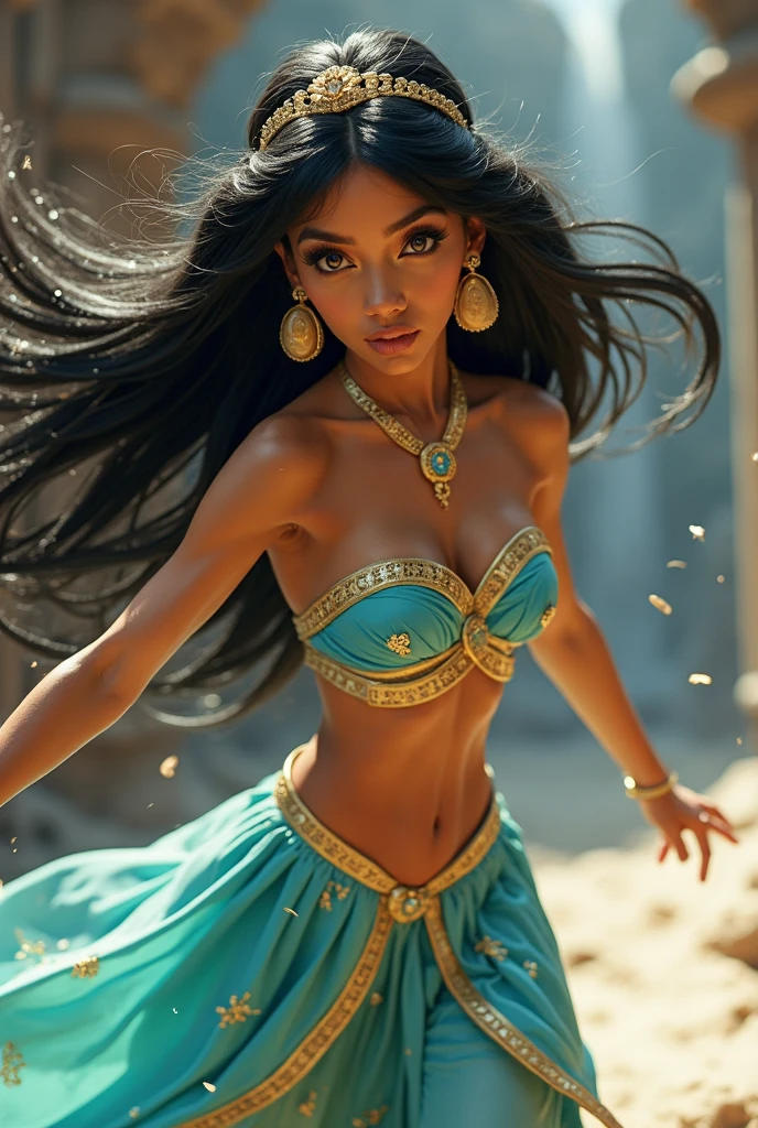 Stunning Princess Jasmine, photo in 8k, in action, cinematic.