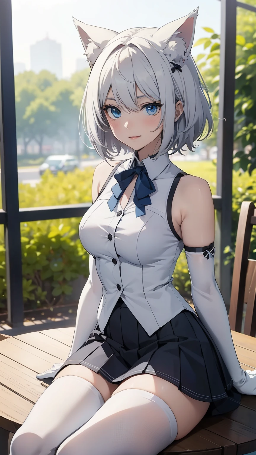 table top High Resolution Highest quality 8k Adult women anime style sit full body white collared shirt( sleeveless) white long gloves ( elbow gloves )(satin) white miniskirt (pleats) white pantyhose() White wolf ears short hair(( shortcuts)(gray hair)(Perm)( fluffy)) blue eyes charming face ((Laughter)(joy)(赤い頬)) Outdoors