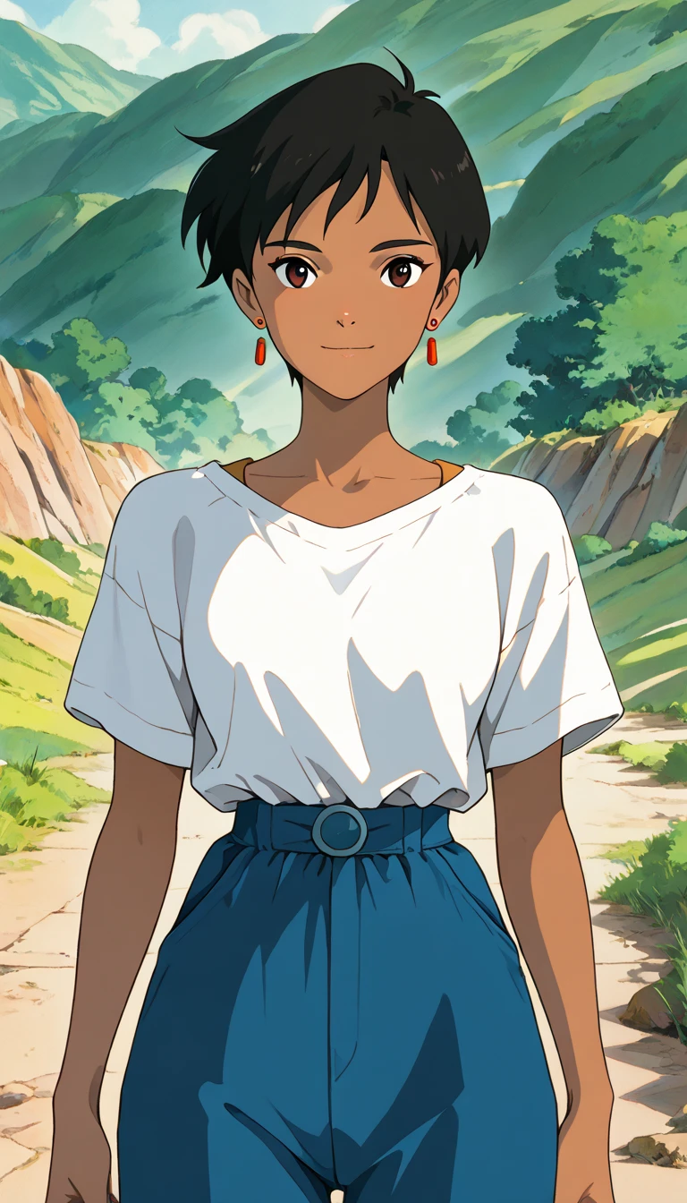 (1girl, LoisSDXL), (extremely detailed CG unit 8k wallpaper),(master part), (best quality), (ultra detail), (best illustration),(ghibli_style), cowboy shot, close up, standing, facing viewer, looking at viewer, perfect face, perfect eyes, perfect fingers, (Sharp eyeliner, ombre, detailed eyes:1), traditional media, ghibli landscapes, scenery, outdoors, street , break , upper body, solo, light smile, (short hair,black hair,brown eyes,jewelry,earrings,pants,dark skin,dark-skinned female,blue pants,white shirt,tomboy)