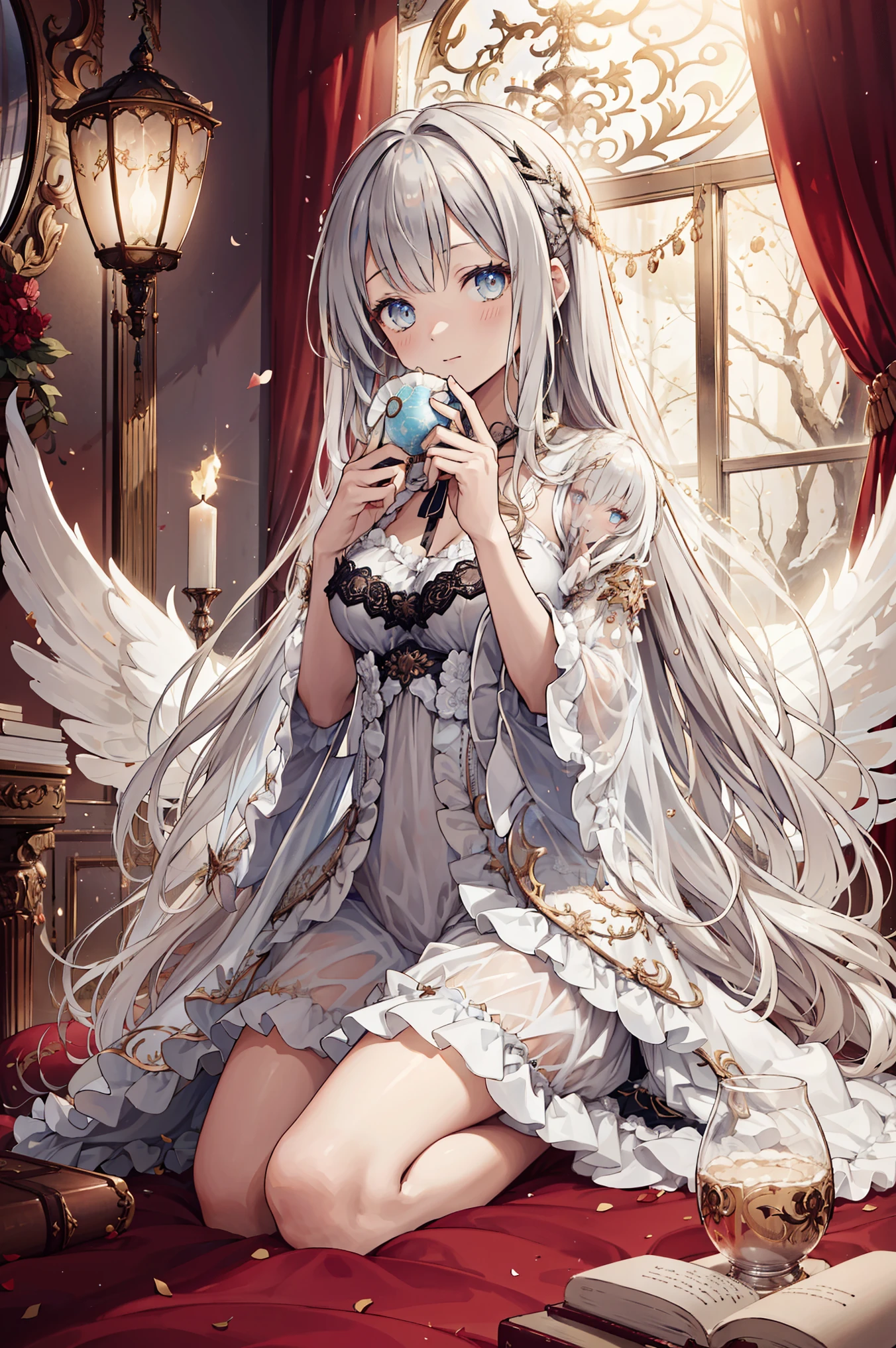 the only person,night, in the room,with a shy expression,Little Saints,See-through pajamas, transparent sleeves,obsessed,Petal edge,charming,Light,medium,Sacred decoration,Sacred Patterns,Lace,Ruffles,Extremely Detailed CG 8K Wallpaper,is best, masterpiece,high resolution,Exquisite Beautiful Face,Ambilight Costumes