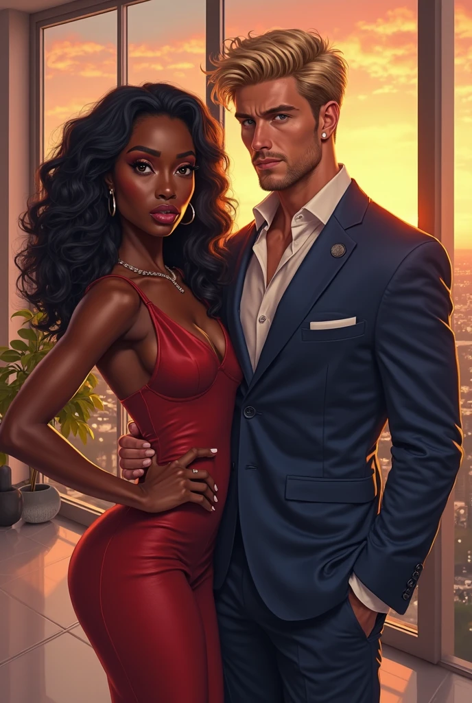 Femme au yeux bleus clair cheveux longs noir  en plus noir teint clair en mini jupe bleu crop top bleu talons hauts bleu beauté africaine avec son copain beaux avec des yeux verts et des abdominaux plus cheveux blonds teint blanc avec un costume coûteux la femme a une forte poitrine devant une belle maison tout les hommes la regardant de loin ils ont des vêtements très chers et un enfant très beaux métissé qui a les traits de son père qui est leurs enfants 