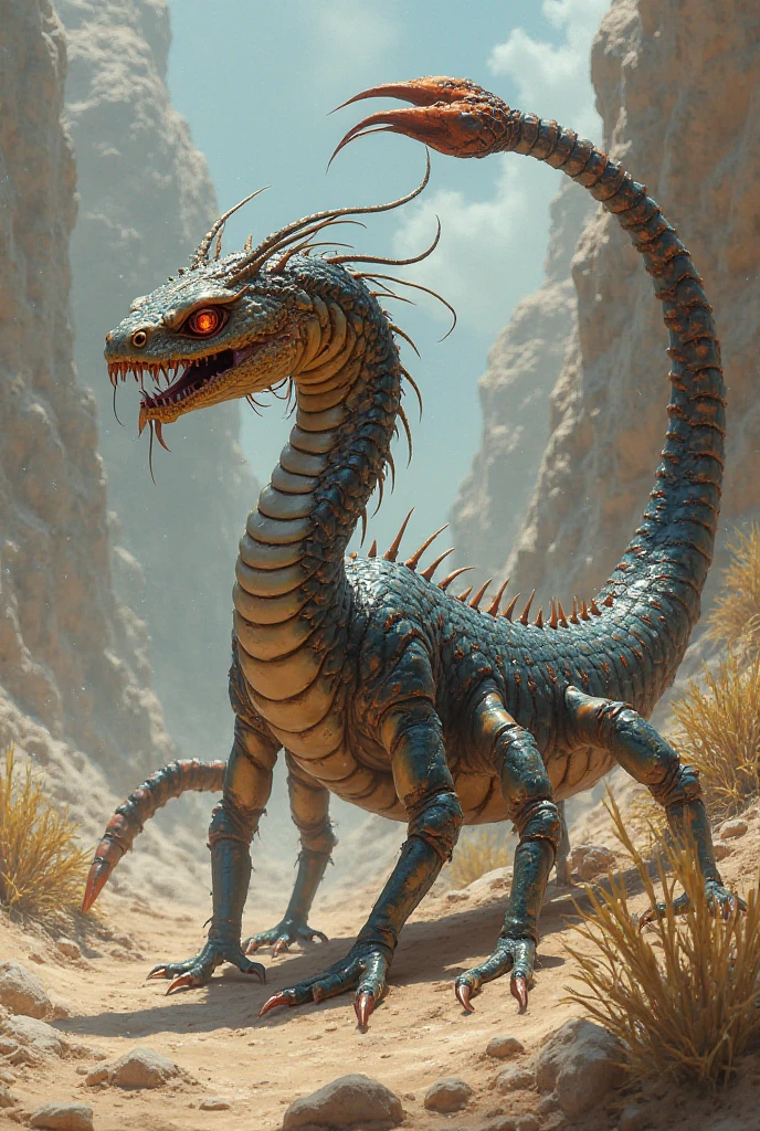 Make a creation of two hybrid animals. Mix naja snake with aspects and traits of a scorpion