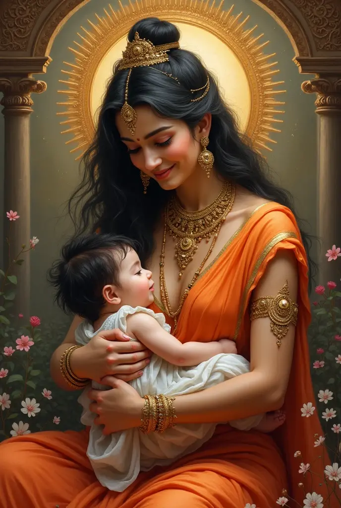 Maa parvati giving life to a made small human baby using mud and clay