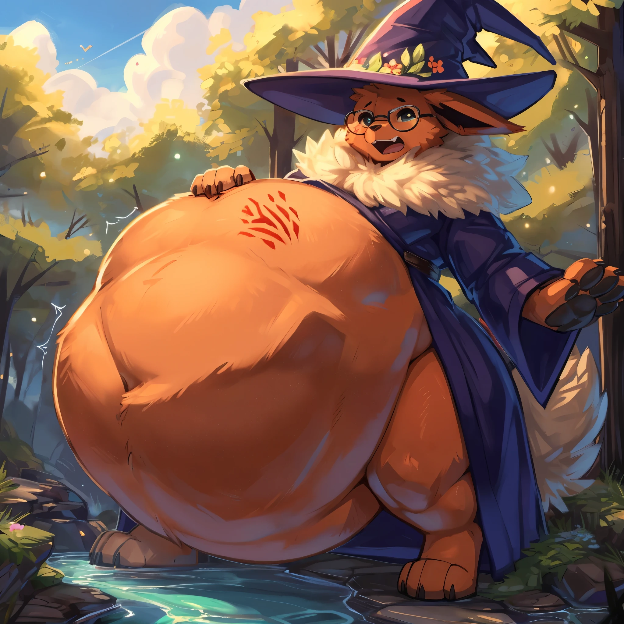 1furry,4k ultra quality, 4k full body view body,black hood,white,young little kitty,kitten, skin fur, male,detailed body,detailed belly, very pregnant huge roundy belly,fat belly,huge boobs, lactating,obese belly,hairy belly by mystikfox61, by glitter trap boy,Tent,forest,midnight,Cloak,full belly,tired face,sweating belly,lean on tree