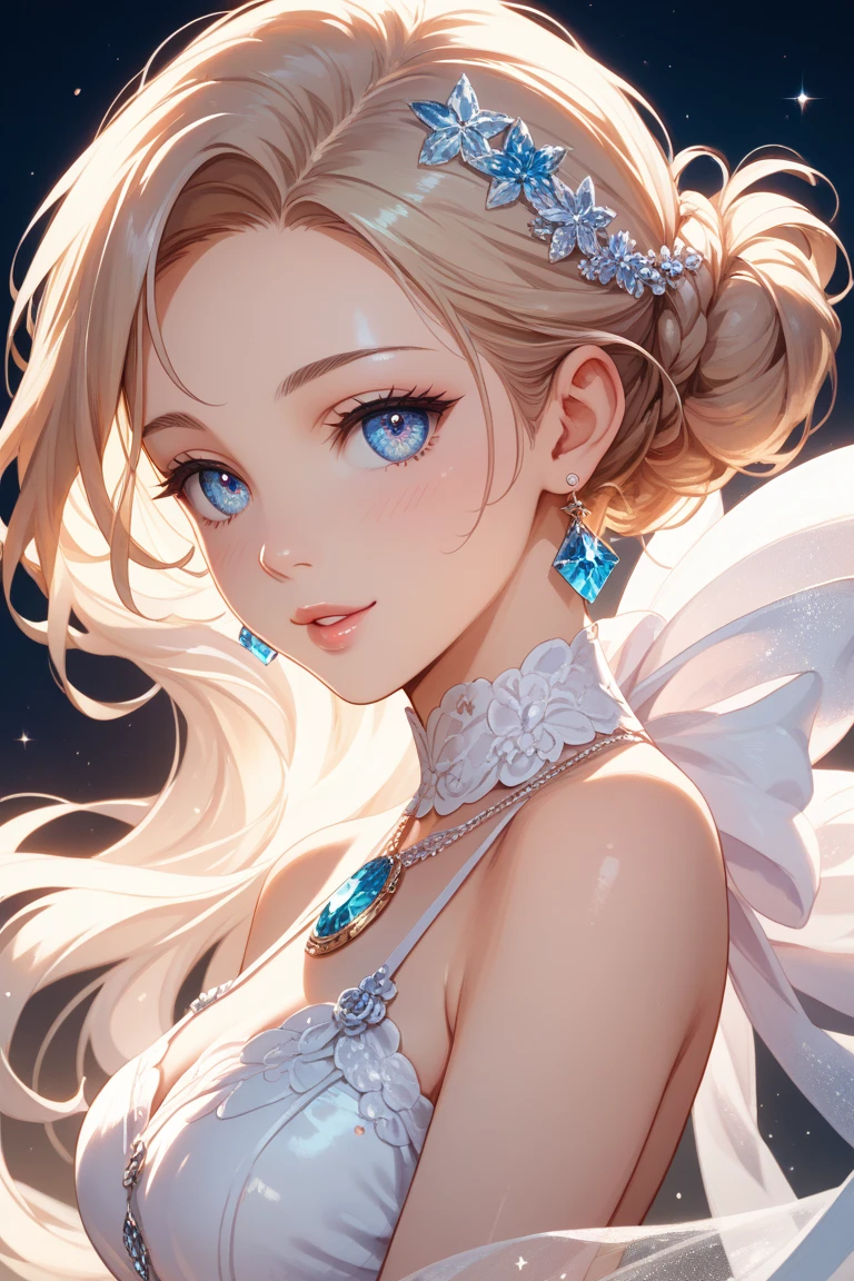 Taylor swift character,taylor portrait ,2d shading ,2d light,masterpiece, best quality, illustration, sax blue, platinum earrings, platinum necklace, white dress, 1girl, cute, (dynamic lighting:1.2), cinematic lighting, delicate facial features, detailed eyes, sharp pupils, realistic pupils, depth of field, bokeh, sharp focus, (hyper-detailed, bloom, glow:1.4), many small gems