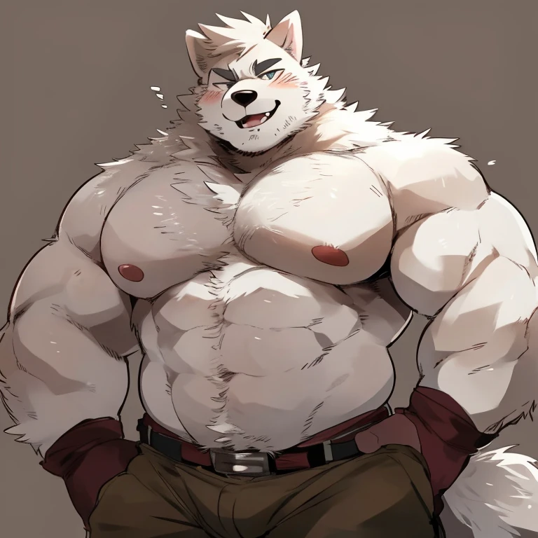 polar fox, furry, white fur, handsome, very muscular, very big, extremely hot and sexy, beard, hair, chest hair, charming eyes, solo, male, happy expression, daddy, full body, big body, clothes, middle aged, by hyaku, by darkgem, by glitter trap boy