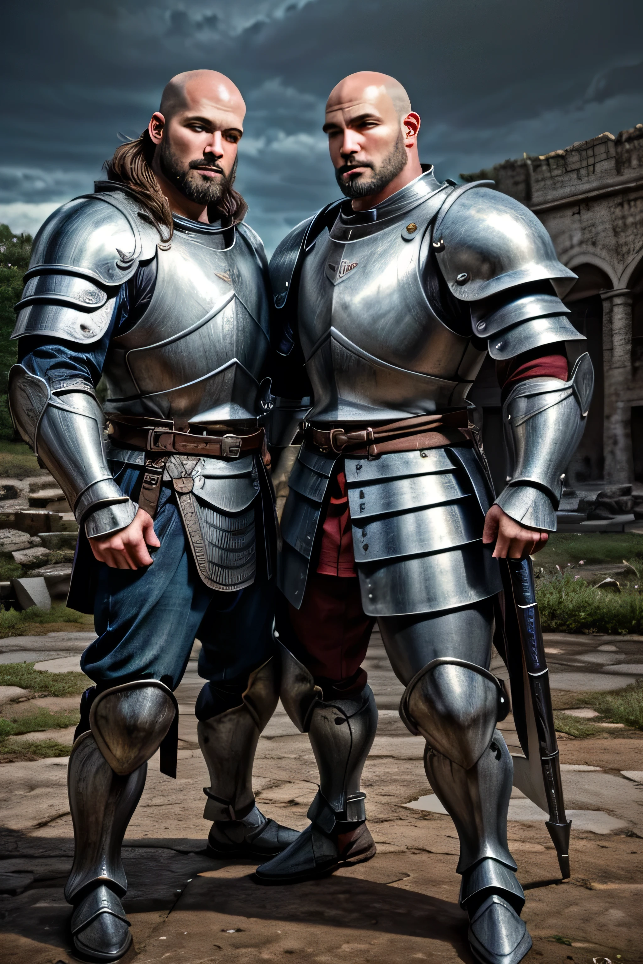 (8k, high definition, masterpiece) 2 handsome warrior. daddies. bald daddy and a brunette daddy. two warriors fighting side by side wearing a steel armor without head gear, pants, greaves, and plated belt. Arthurian legend knights. One of the knight is bald and heavily bearded. The other knight has a long brown hair with fuzzy face. Both knights are in fighting fighting stance. Background: outside ruins. dusk. somber skies. overcast Bald knight color palette: red, black, silver. Brunette knight color palette: Silver, blue, white. Blurred background.