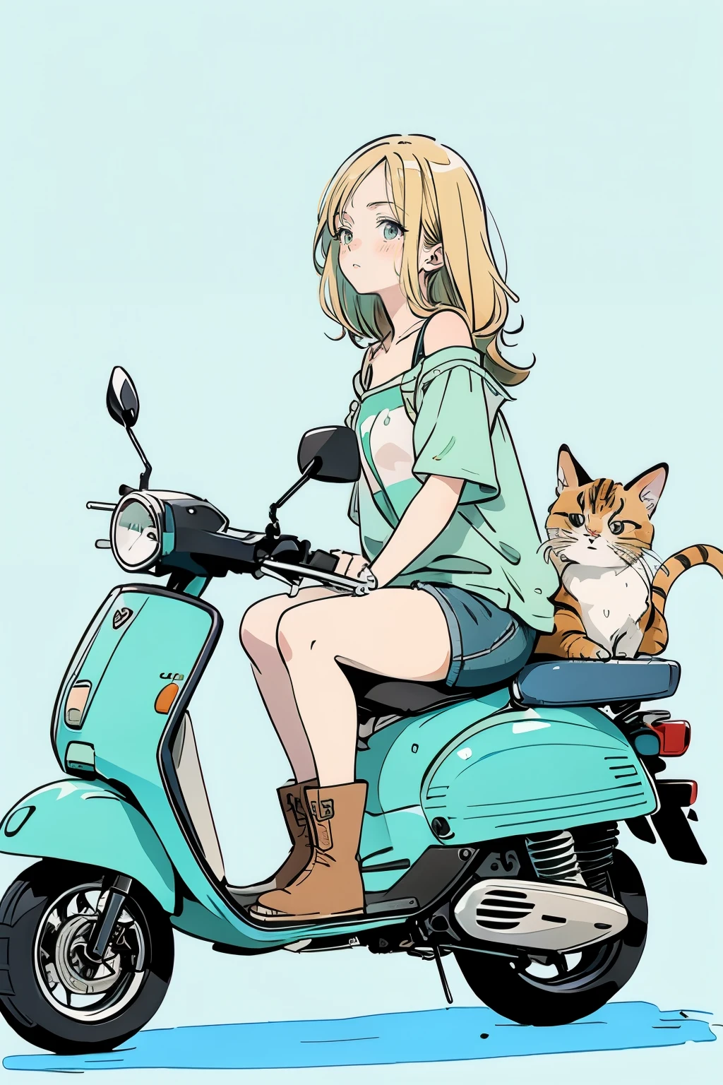 beautiful anime-style illustrations . A brown-striped cat is sleeping on a pale blue scooter seat. A blonde woman is crouching beside her scooter , Staring at the cat. The woman is wearing a green off-shoulder top , Denim shorts and brown boots. background is pale blue , It gives the illustration a simple and clean impression . The overall color scheme is soft , Creates a warm atmosphere .