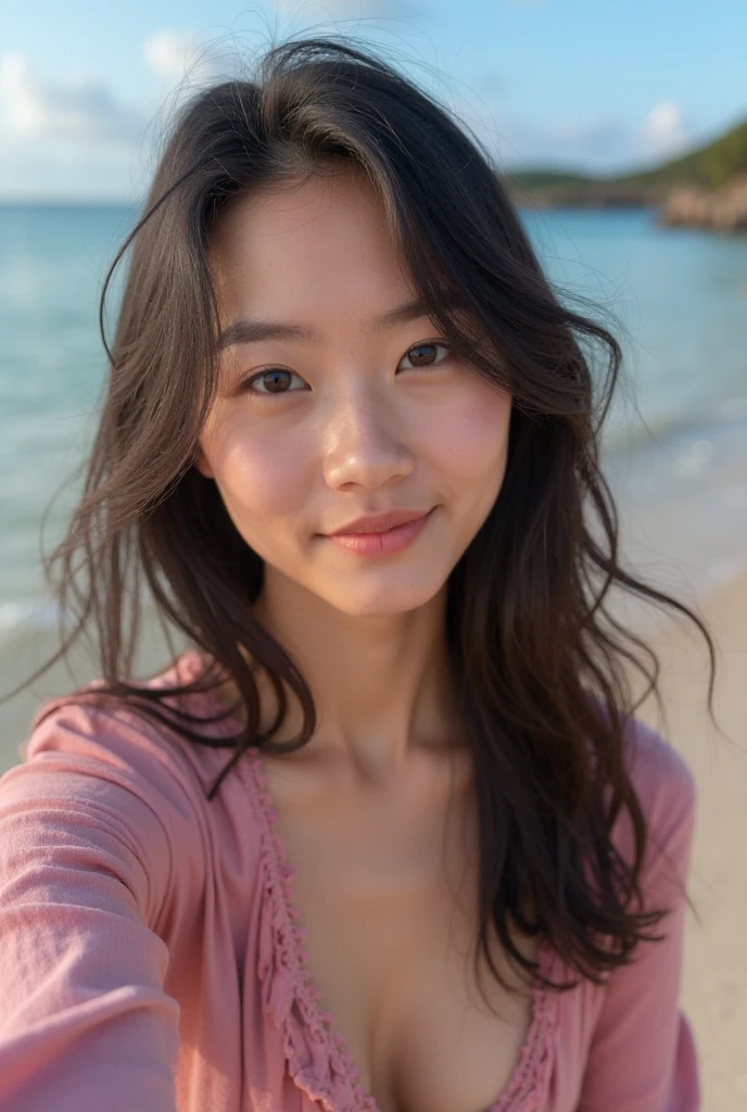 8K, (Surrealistic: 1.35),master piece、 (realistic: 1.4), 1 Beautiful Japan Girls, smile, One, light makeup, masterpiece, excellent quality, high quality, puberty, (((Super Micro Bikini)))、 ((perfect body)), ((best image quality)), ((time)), ((very delicate and beautiful)), ((Very shallow depth of field)), nffsw, ((incredibly shallow depth of field. familiar with)), (((very delicate and beautiful))), (((Very shallow depth of field))), nffsw, (((incredibly absurd))), (((perfect body))), (((black hair )))), (((long hair)))), (((Camera Eye))), (((small))), (((幸せな最高のsmile))), poor, Own + background, dynamic angle, female focus, {particles of light}, detailed background, ((paul hedley)), soft lighting, (dramatic) sunset), sunset, very beautiful sunset, live action, realistic, top angle, かわいいsmile, (background blur), 18-year-old, skinny, ((strong wind)), ((movement ))), ((emotion)), ((colorful)), ((baby face)), ((beautiful teeth)), Withering, ocean background、