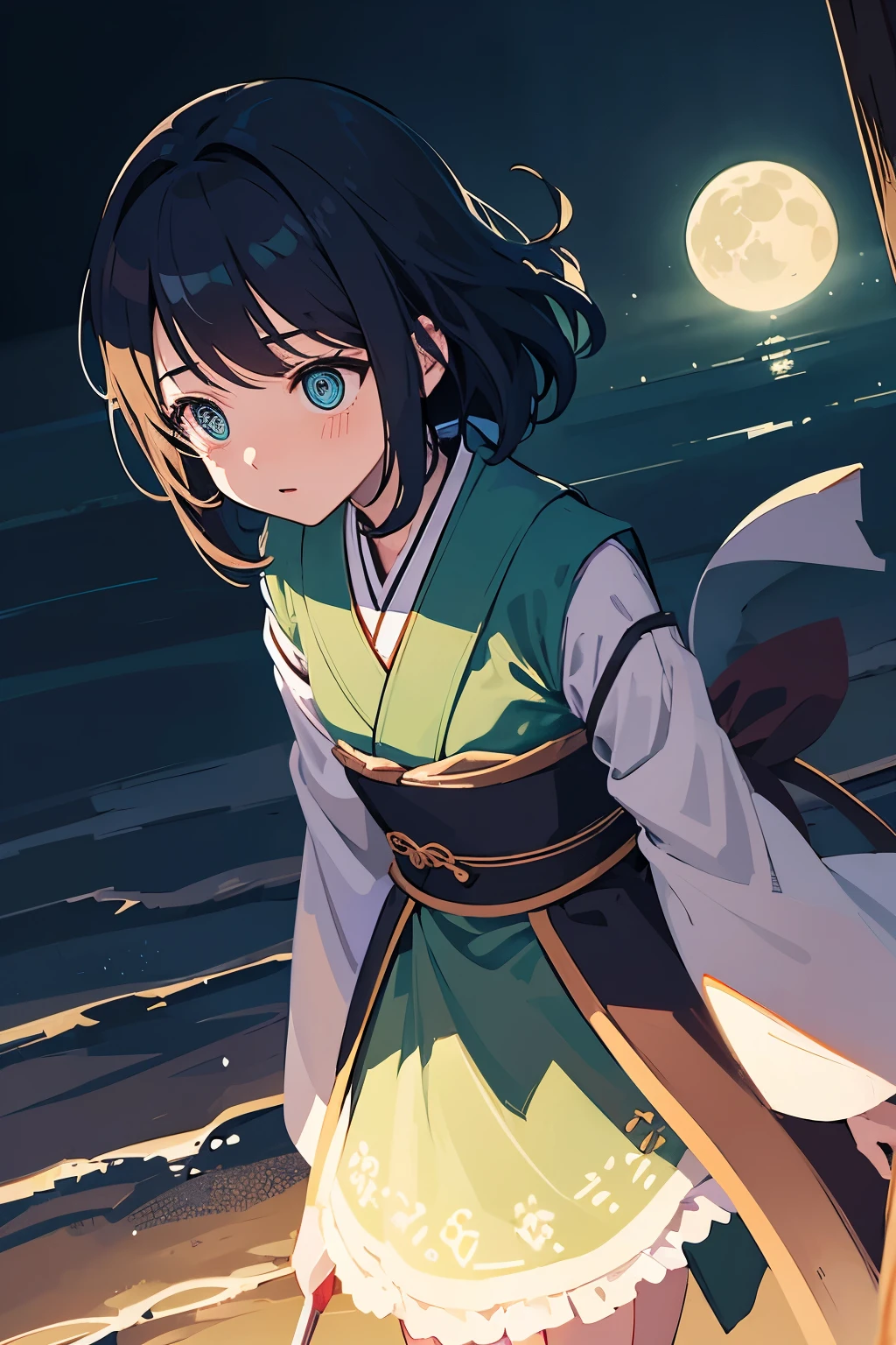 Translucent Illustration 、 Japanese Anime Style Illustration 、 Small Silhouette Seen in the Distance 、 The shadow of the little witch on the broom is visible in the distance 、green、 dynamic angle 、 Amazing、 highest accuracy、 top quality 、 fantasy、Effective Production 、 Full Moon Seen in the Distance 、 Night Seaside Town Sky 、 Horizontal Line、movie、 artistic、delicate、sentimental、 highlights 、 Contrast