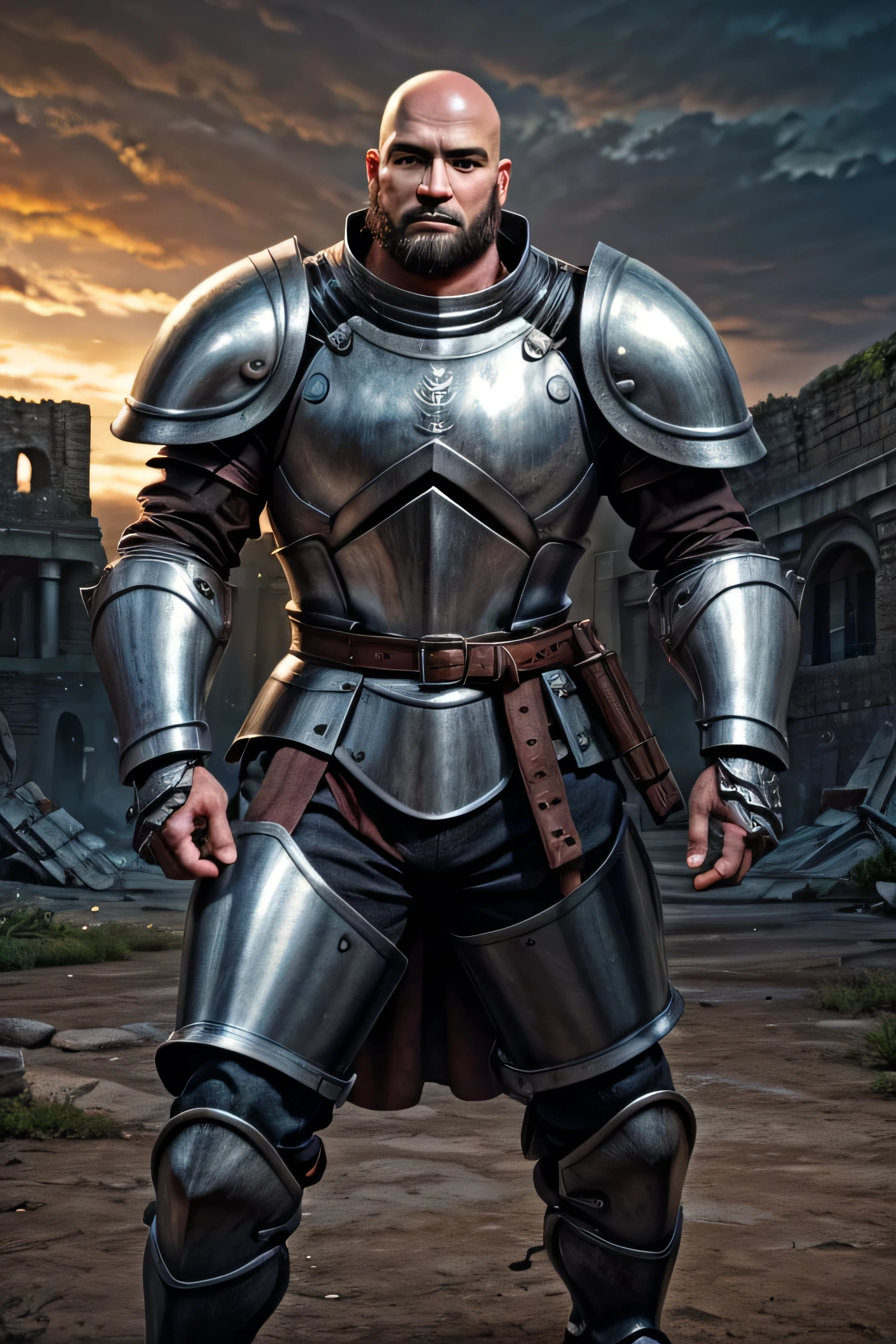 (8k, high definition, masterpiece) 2 handsome warrior. daddies: bald daddy and a brunette daddy. two warriors fighting side by side wearing a steel armor without headgear, pants, greaves, and plated belt. Arthurian legend knights. One of the knight is bald and heavily bearded. The other knight is a long brown hair with fuzzy face. Both knight are in fighting position as they are being surrounded by monsters. Background: outside ruins. dusk. somber skies. overcast Bald knight color palette: red, black, silver. Brunette knight color palette: Silver, blue, white. Blurred background.