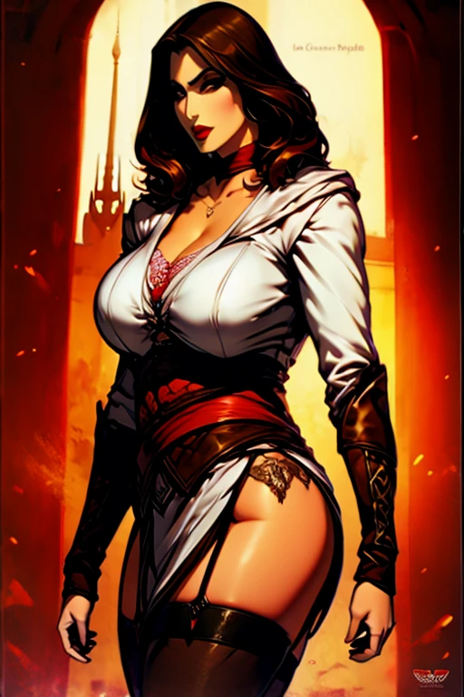 The woman, Altaïr's suit boots to the knee, Bracelets on the legs, socks, stockings, Jerusalem in the background, ((evening, night)), very detailed, Realistic long-term photography, 4k, (((short hair, brown hair))), ((shocks, garagantilla)),bracelet, sexy, dark skin, brown eyes, big breasts, big breasts, pussy, NSFW, +18