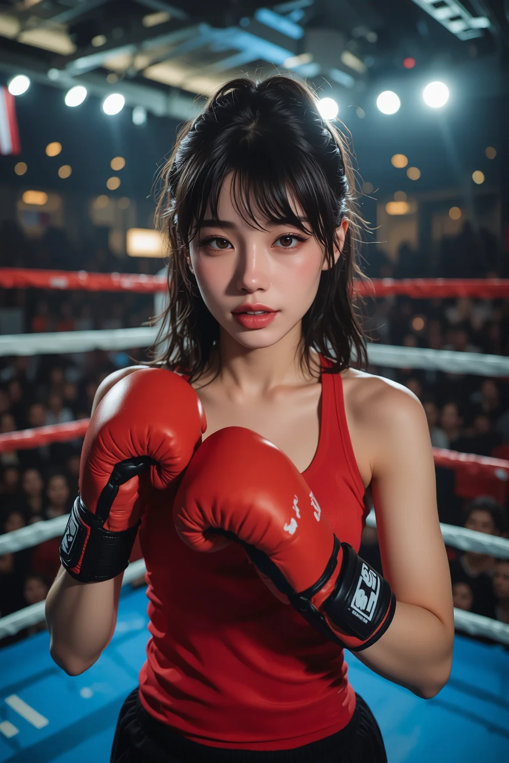 1girl, seductive asian girl, sheer white boxing dress, black messy hair, braless, sweated face, perfect body, dynamic pose, boxing ring, vibrant red boxing gloves, detailed expressive face, cinematic lighting, vibrant colors, athletic, athletic outfit, provocative, boxing, (best quality,4k,8k,highres,masterpiece:1.2),ultra-detailed,(realistic,photorealistic,photo-realistic:1.37)