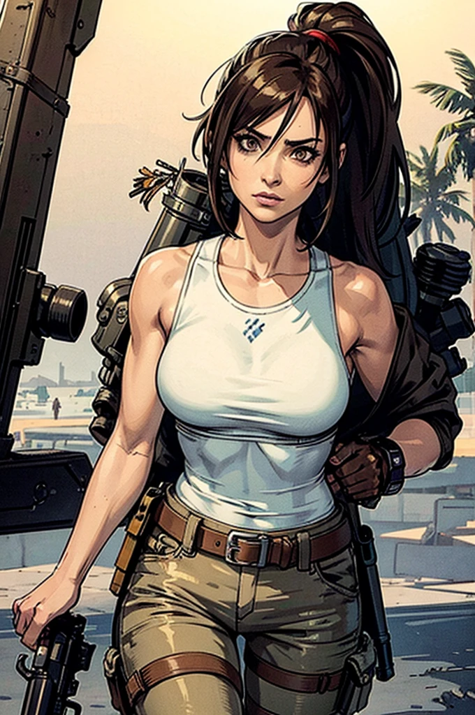 a military woman, well trained body, white sleeveless t-shirt, Exposed collarbone, beige leather shelter, blue pants, two leather belts with gun pockets, dark brown hair, carving, Brown eyes, hazel left eye, left eye with a scar, beach shore, at daytime, getting off a water boat, threatening expression looking at viewer, sparkling beach, palm trees around, In a post-apocalyptic environment, post - apocalyptic cowgirl, Post - Apocalyptic style, Post apocalyptic clothing, pose, post-apocalyptic, Postapocalyptic style, post apocalyptic grunge, Post - Apocalyptic Scavenger. (Ultra quality) 8k quality, detailed, perfect light, perfect angle, perfect sharpness. Boromey Meas