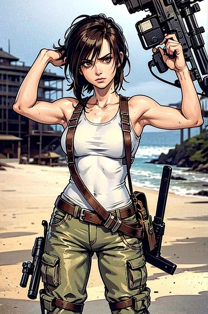 a military woman, well trained body, white sleeveless t-shirt, Exposed collarbone, beige leather shelter, blue pants, two leather belts with gun pockets, dark brown hair, carving, Brown eyes, hazel left eye, left eye with a scar, beach shore, at daytime, getting off a water boat, threatening expression looking at viewer, sparkling beach, palm trees around, In a post-apocalyptic environment, post - apocalyptic cowgirl, Post - Apocalyptic style, Post apocalyptic clothing, pose, post-apocalyptic, Postapocalyptic style, post apocalyptic grunge, Post - Apocalyptic Scavenger. (Ultra quality) 8k quality, detailed, perfect light, perfect angle, perfect sharpness. Boromey Meas