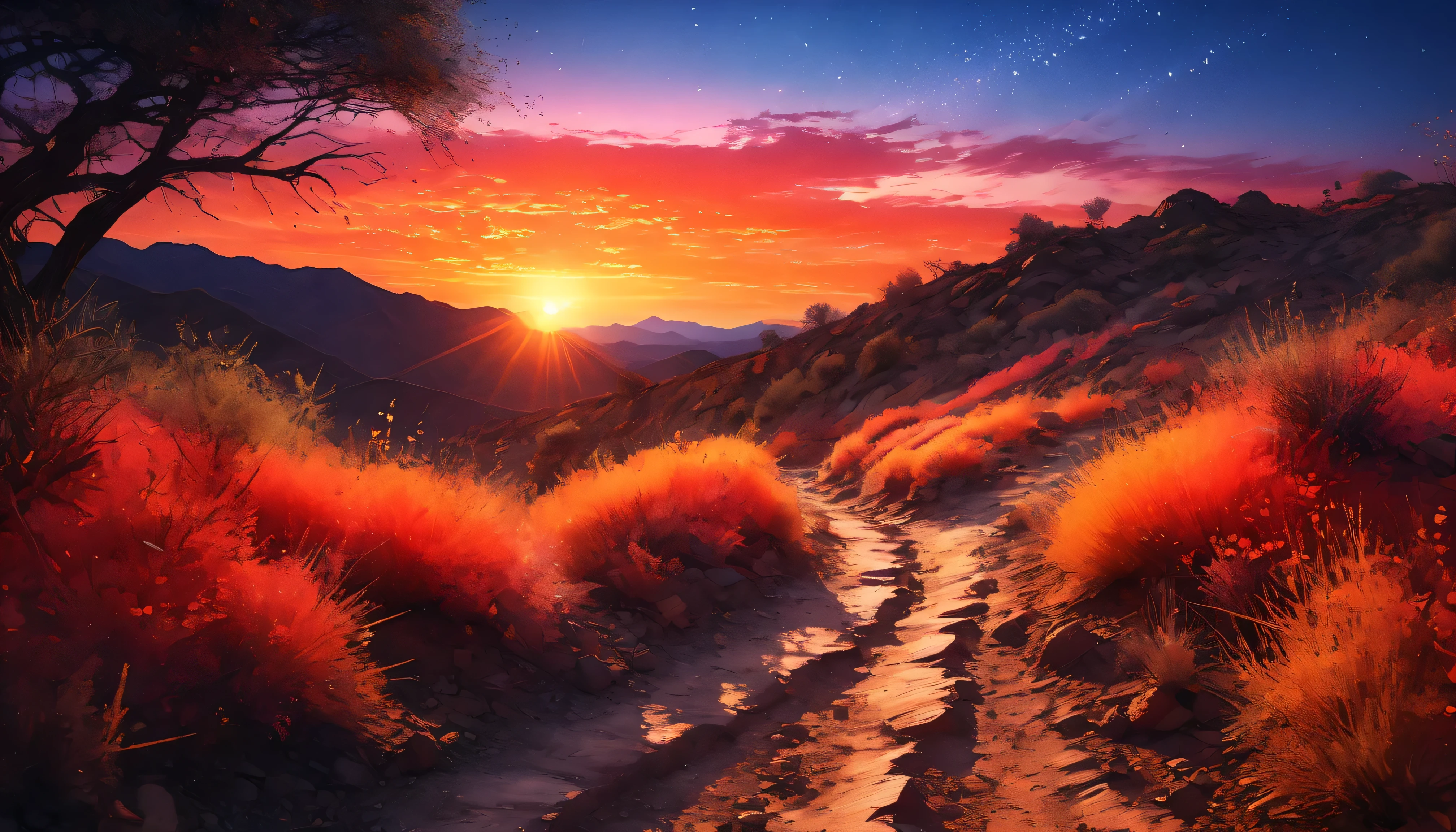 (Single trail illuminated by the sunset, Huge sunset,  red, orange color), (Clear sky without clouds), ((highly detailed)), (( sharp focus)), (( bright colors )), ((soft lighting at night)), ((cinematic composition)), (Various iridescent glitter effects), (( extremely delicate depiction,  Extremely Clear Images ,   bold and dynamic  , contrast between light and dark, 2.5D,  artistic photography ,  hyperrealistic, super detailed, Absolute Resolutions,  masterpiece))