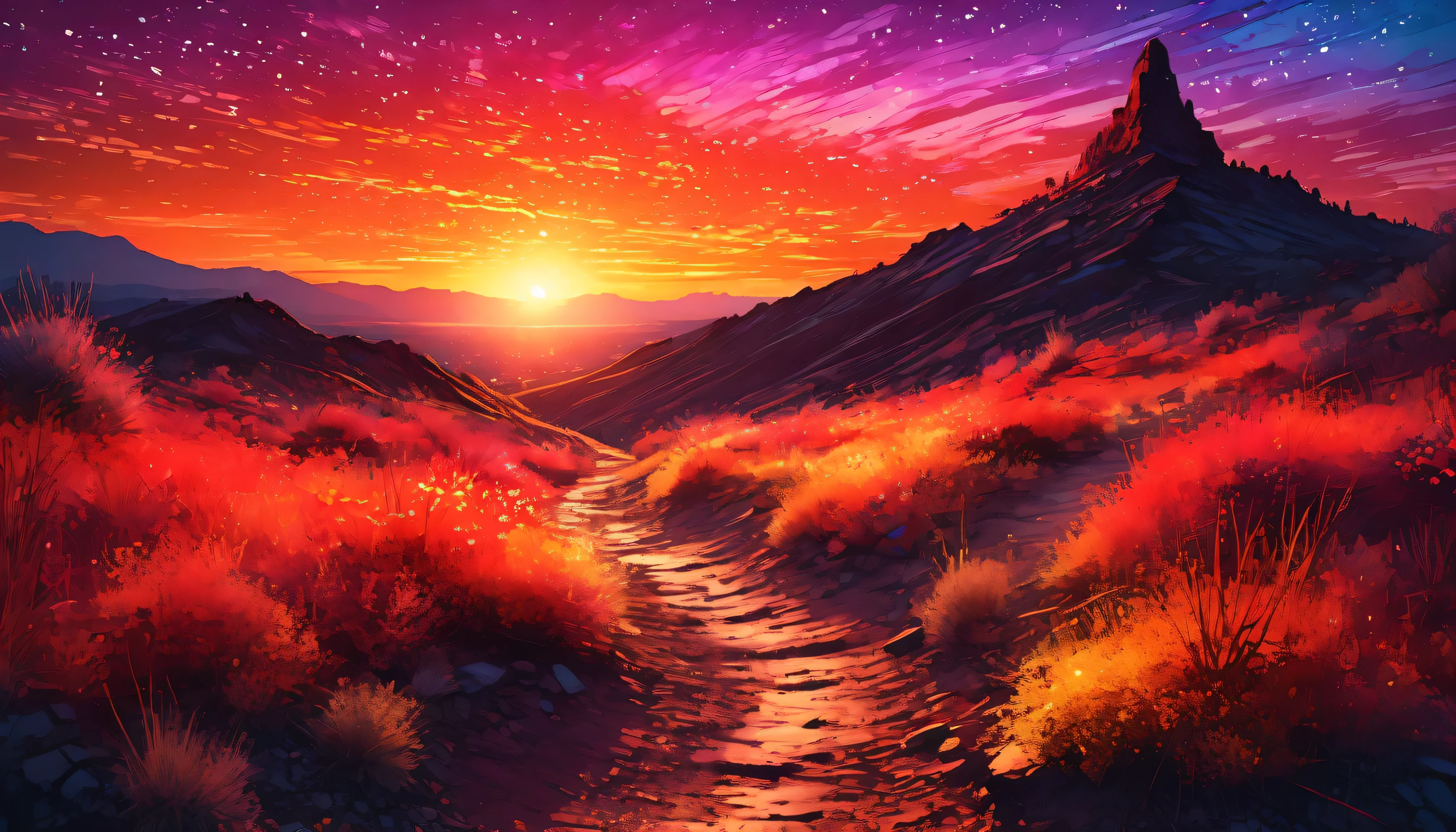 (Single trail illuminated by the sunset, Huge sunset, red, orange color), (Clear sky without clouds), ((highly detailed)), (( sharp focus)), (( bright colors )), ((soft lighting at night)), ((cinematic composition)), (Various iridescent glitter effects), (( extremely delicate depiction, Extremely Clear Images , bold and dynamic , contrast between light and dark, 2.5D, artistic photography , hyperrealistic, super detailed, Absolute Resolutions, masterpiece))