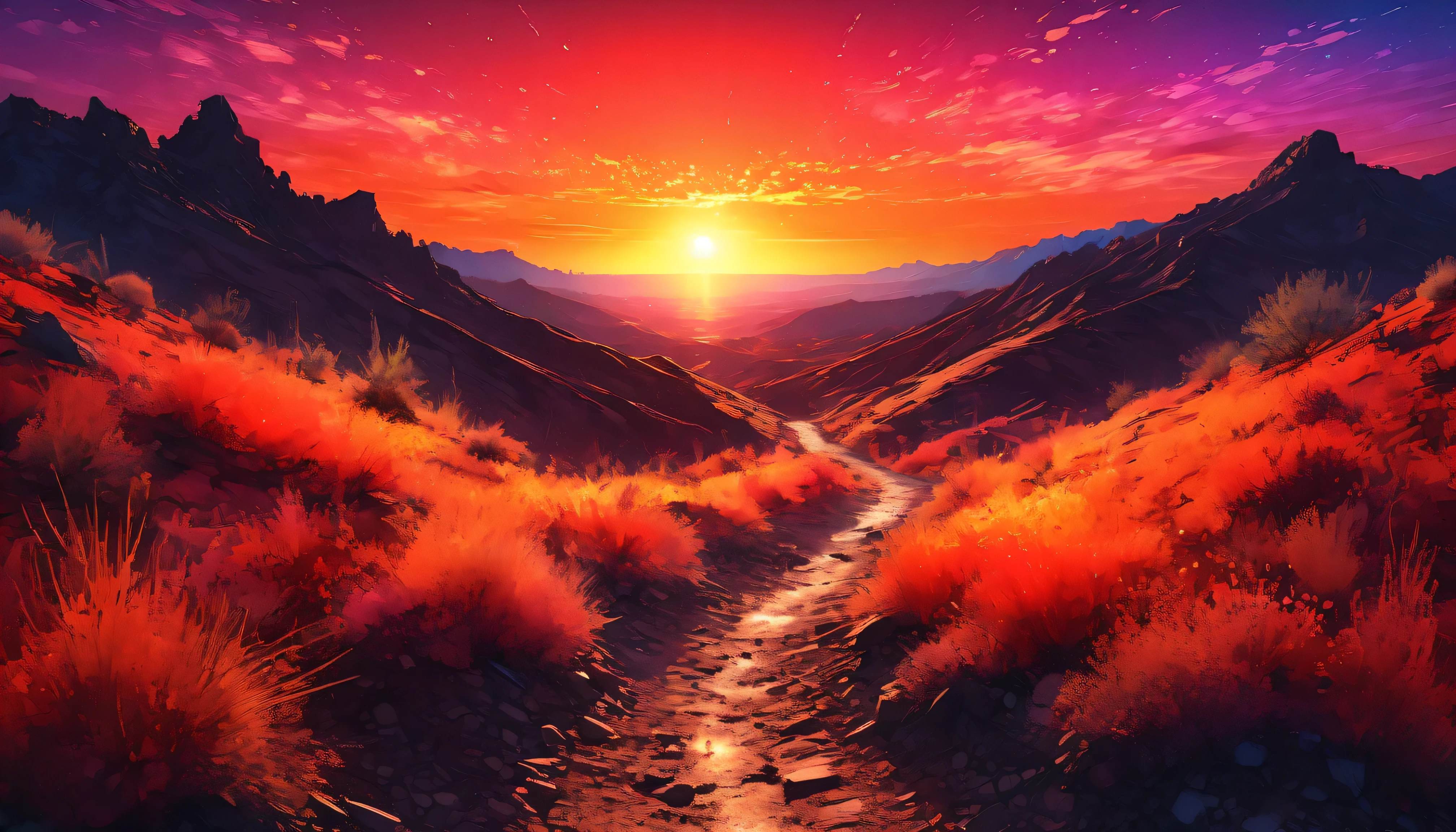 (Single trail illuminated by the sunset, Huge sunset, red, orange color), (Clear sky without clouds), ((highly detailed)), (( sharp focus)), (( bright colors )), ((soft lighting at night)), ((cinematic composition)), (Various iridescent glitter effects), (( extremely delicate depiction, Extremely Clear Images , bold and dynamic , contrast between light and dark, 2.5D, artistic photography , hyperrealistic, super detailed, Absolute Resolutions, masterpiece))