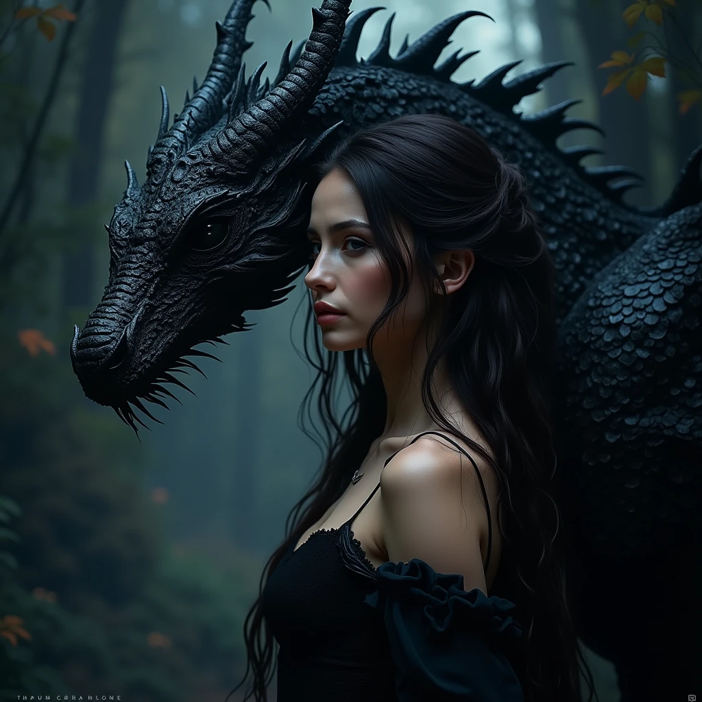 A vampire in stocking with, long flowing wet dark hair and piercing blue eyes that gaze directly at the viewer. Sexy stockings, blending with the rough, scaled skin of a massive dragon that wraps around her. The dragon's powerful presence looms large, with its glowing orange eyes and imposing horns framing the woman's face. The overall composition creates a sense of power, mystery, and an otherworldly, mythical atmosphere. The lighting and texture work, as well as the skillful juxtaposition of the human and the monstrous elements, contribute to the compelling and visually striking nature of this digital artwork.
