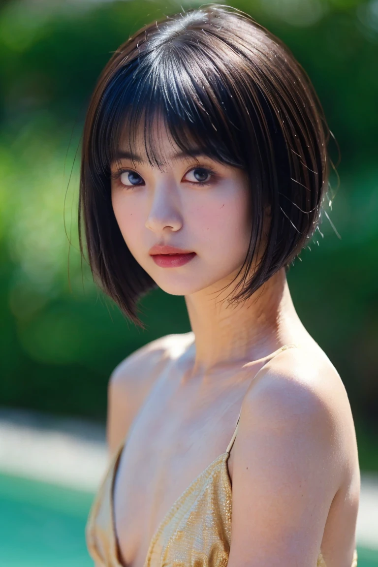 Focus on people。Create and express the best brilliant composition of the person realistically。((masterpiece))、(((maximum quality)))、((ultra-detailed))、(A hyper-realistic) 、(highly detailed CG illustration)、(extremely delicate and beautiful)、Girl a masterpiece、maximum quality、Realistic skin feeling、realistic fabric、We will present a realistic illustration focusing on the front center of the girls with ultra-realistic eyes and detailed.。This is the absolute rule, and the following sentence expresses the quality of the image。The greatest painter in the history of mankind finds incomparable beauty、It is the greatest masterpiece in the history of Inuiku Ichigo, which depicts the most beautiful figure of a lifetime.。 Create stunning anime artworks that are trending on seaStation、Featuring exquisite beauty and seductive aesthetics。The short hair、sensual neckline, provocative bikini, the background is outdoors、
