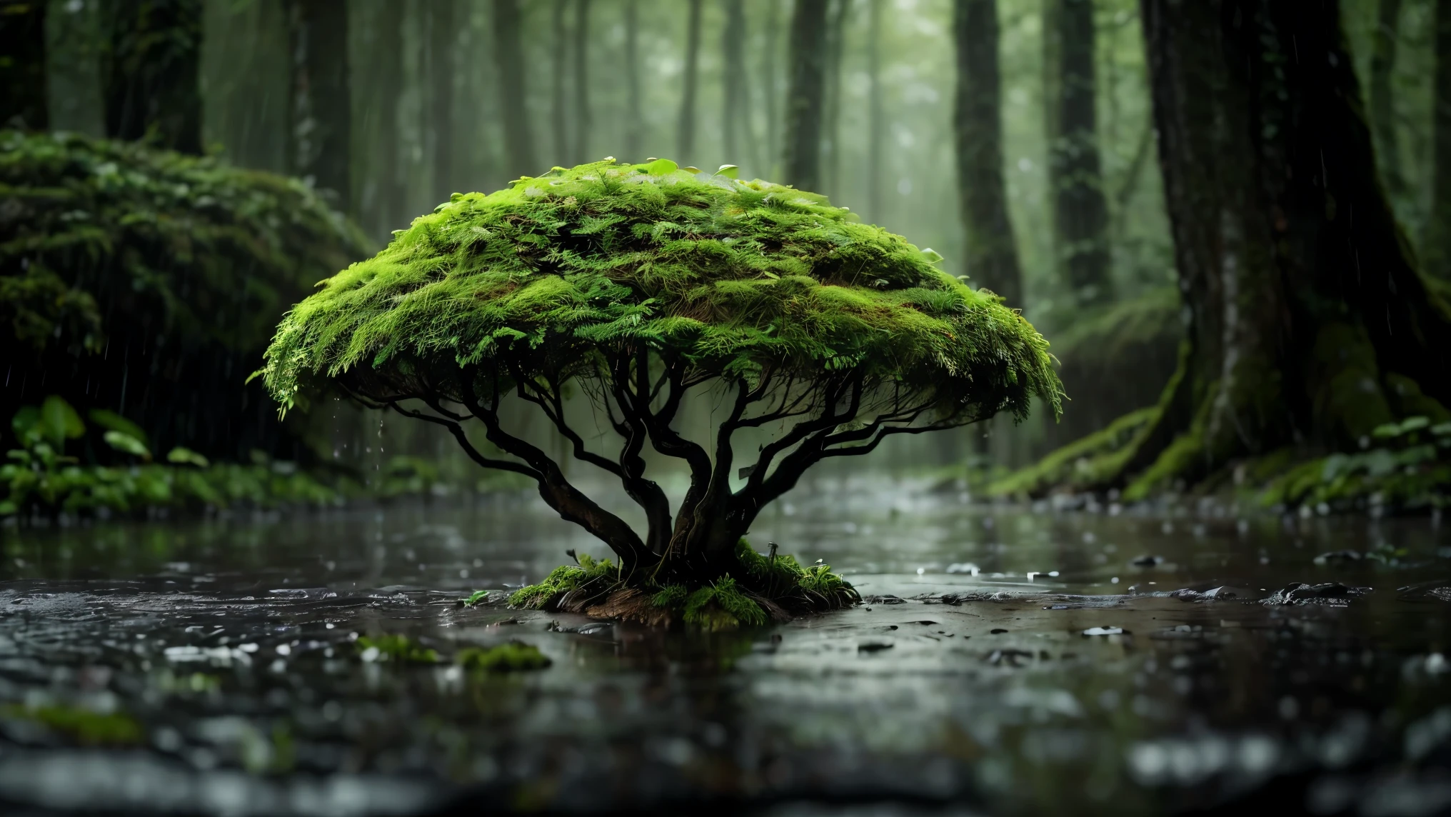 As if hidden from the outside world , The grove dances to nature's gentle rhythm . The raindrops pour down on the leaves, Creating a natural symphony that fills the air. The rain flows violently from the branches, Forming random patterns on the wet and muddy ground. The mossy stones faintly glow in the soft light that shines through the leaves , And small mushrooms thrive on them, Adding a mysterious breath of life. In the distance , The mountain peaks are like a blurred shadow , Wrapped in a layer of slow-moving fog, As if hiding an ancient secret. The blurred outlook enhances the magical feeling , As if this forest has a story that only those who stop can understand, Felt , Listening to the rumble of rain and nature's hidden whispers.