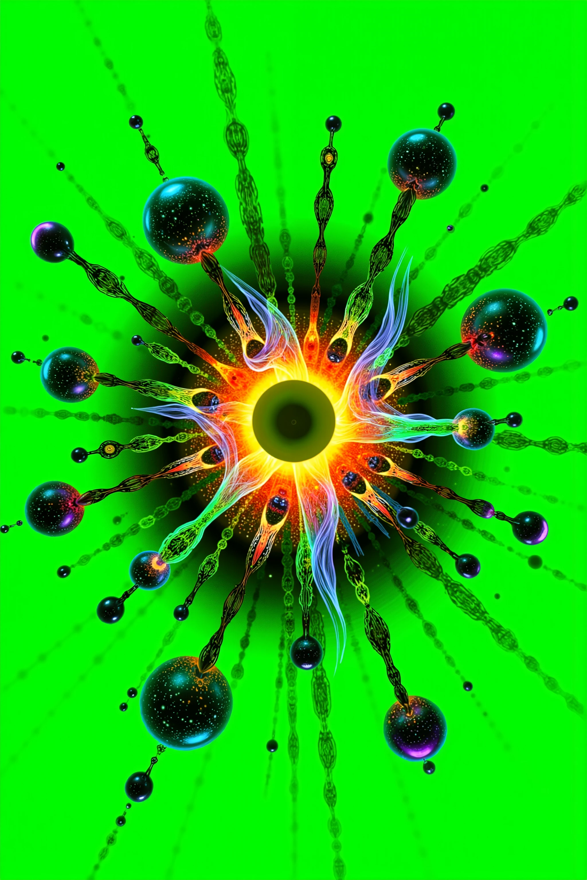 Surrealistic art. Specialized coloration. Eclipse and spheres. Neon colors, remixed with more bubbles.