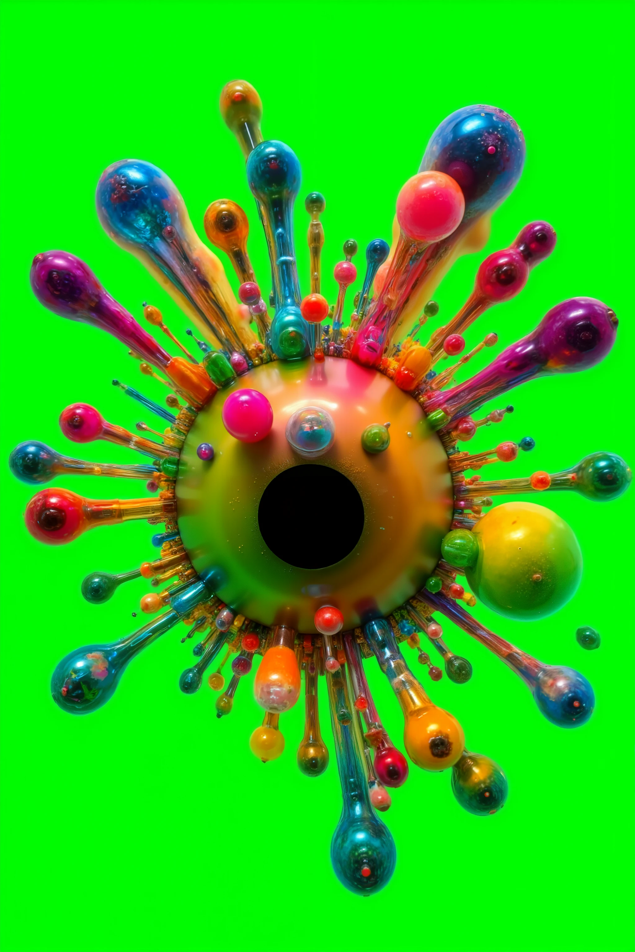 Surrealistic art. Specialized coloration. Eclipse and spheres. Neon colors, remixed with more bubbles. Neon green and hot pink