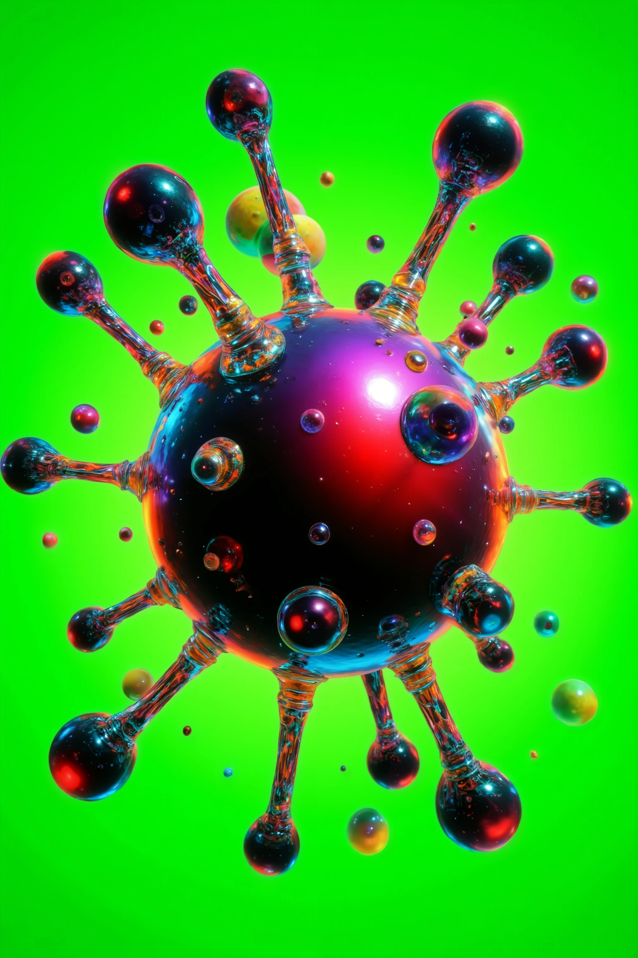 Surrealistic art. Specialized coloration. Eclipse and spheres. Neon colors, remixed with more bubbles. Neon green and hot pink. 3D render, gloss, shine, and reflect. Ultra realistic style