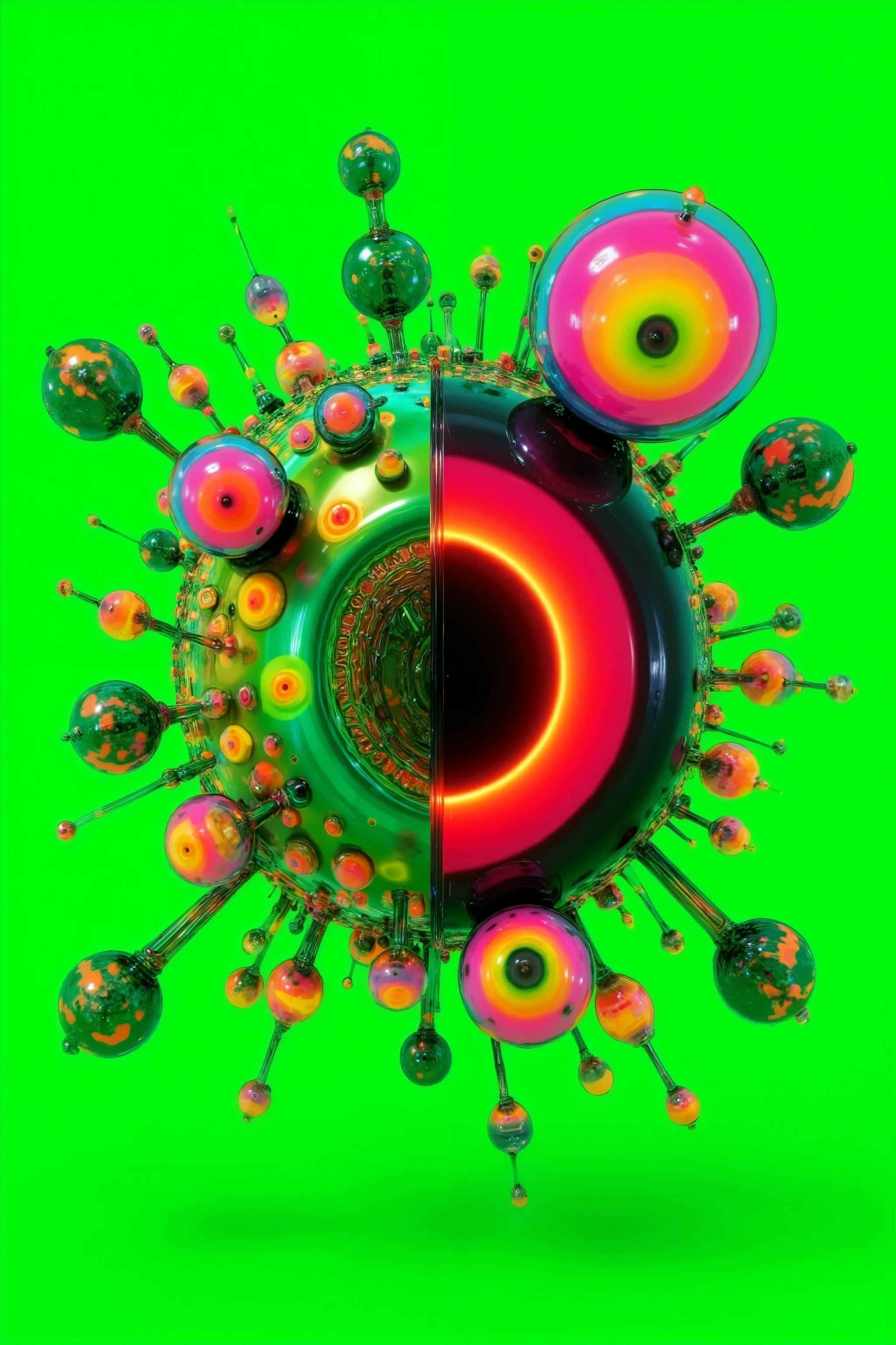 Surrealistic art. Specialized coloration. Eclipse and spheres. Neon colors, remixed with more bubbles. Neon green and hot pink. 3D render, gloss, shine, and reflect. Ultra realistic style